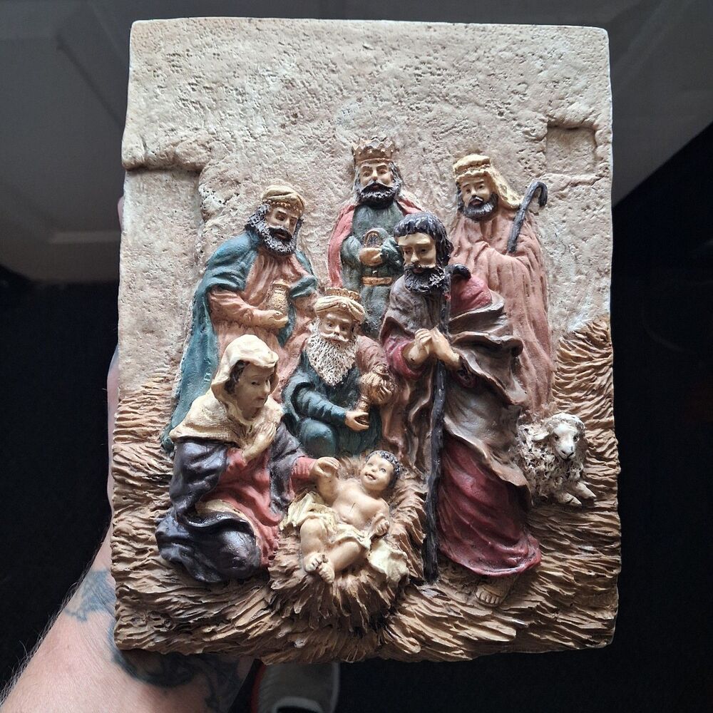 vintage 3d resin nativity scene wall hanging plaque christmas holy family decor